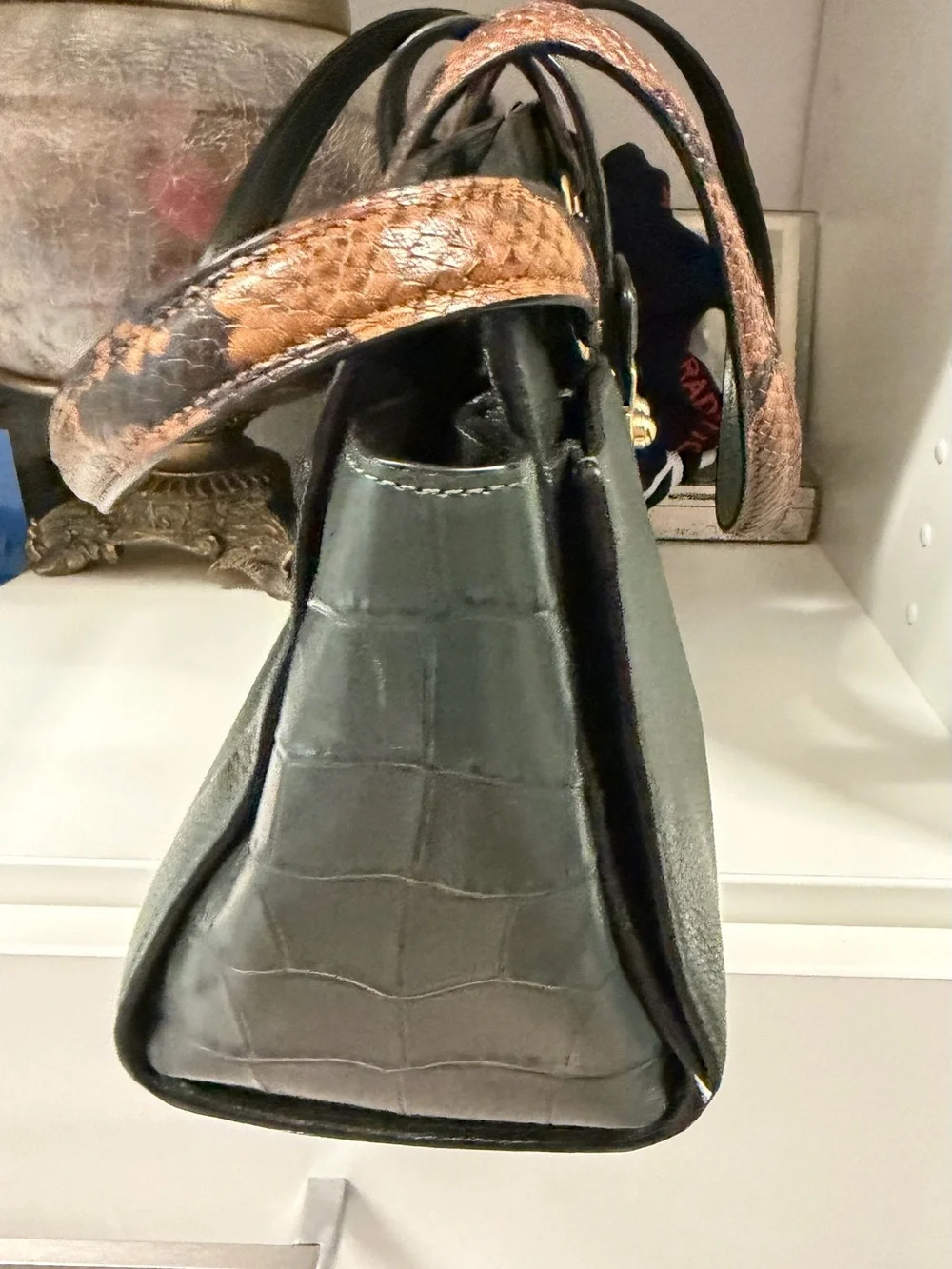 Coach Forest Green Pebbled Leather Satchel with Snake-Print Straps